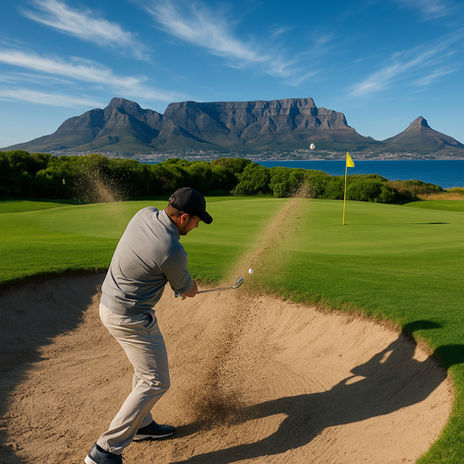 golfer hitting a golf ball out a bunker with table mountain in the background