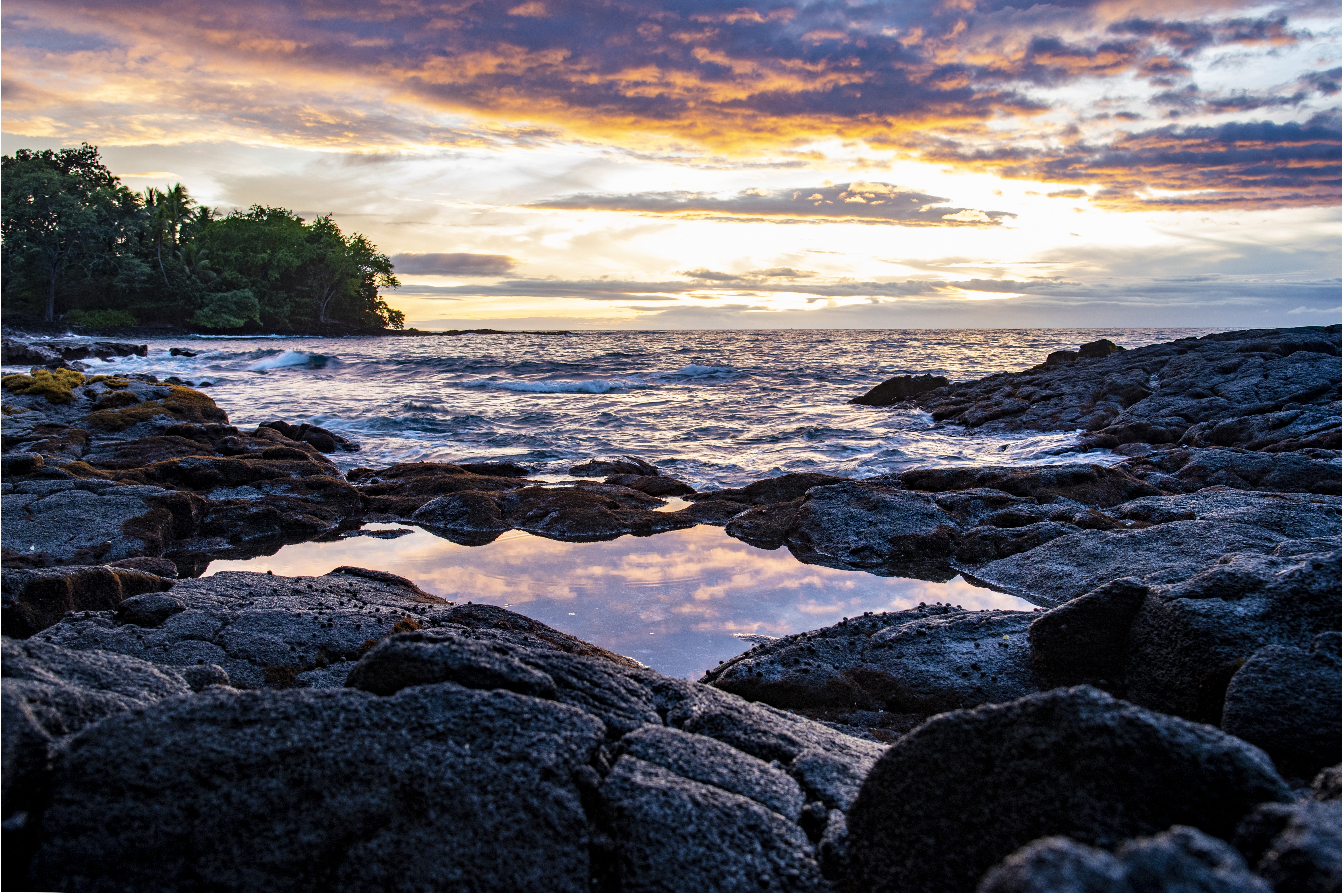 Rocky shoreline and sunset reflecting in tide pools