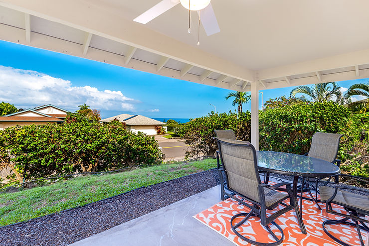 Covered patio with glass table and chairs overlooking lush hedges, palm trees, blue ocean, and sunny neighborhood homes