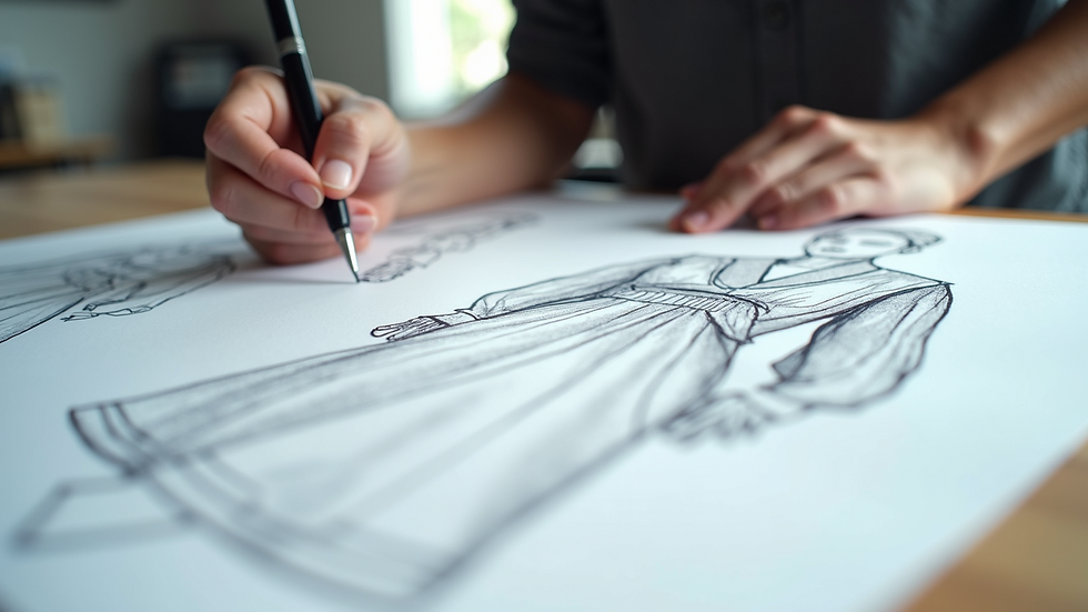 Close-up view of detailed technical sketches for garment design