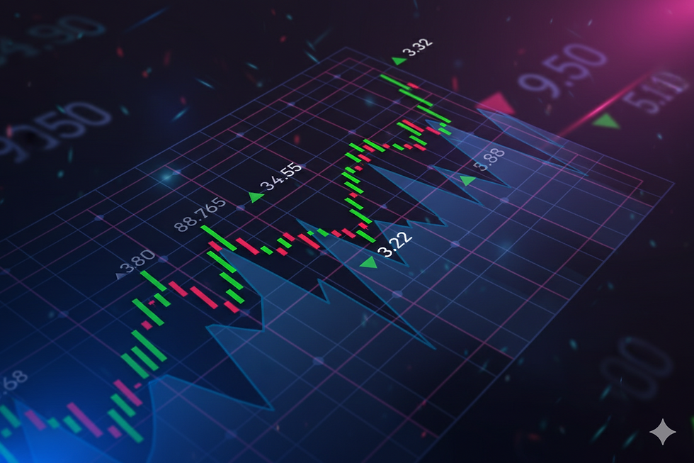 Abstrakte Darstellung von Börsenkursen und Candlestick-Charts auf einem digitalen Interface. Modernes Finanz-Design mit Fokus auf Marktanalyse, Trading-Daten und technischer Analyse.