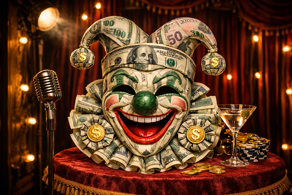 Clown-Maske aus US-Dollar-Scheinen im Kabarett-Stil auf rotem Samttisch, mit Vintage-Mikrofon, Martini-Glas und Casino-Chips, warme Bühnenbeleuchtung, luxuriöse Theateratmosphäre im 4:3-Format.