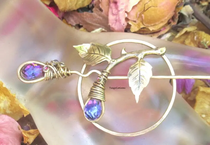 Thumbnail: Purple Crystal Bud Hair Clip Crystal Hair Pin Hammered Brass