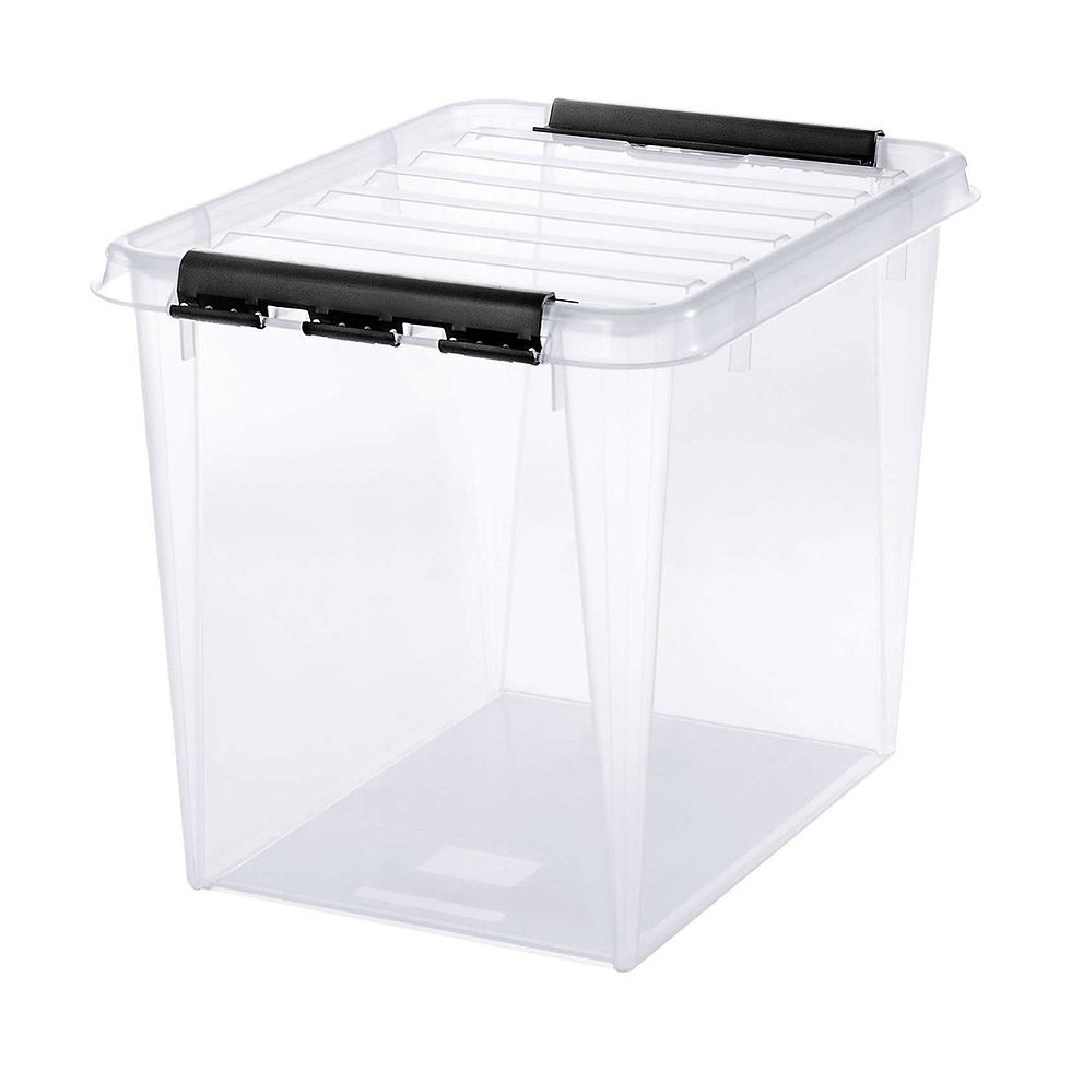Lege Orthex SmartStore Classic 50 opbergbox met transparante deksel en zwarte clips op witte achtergrond.