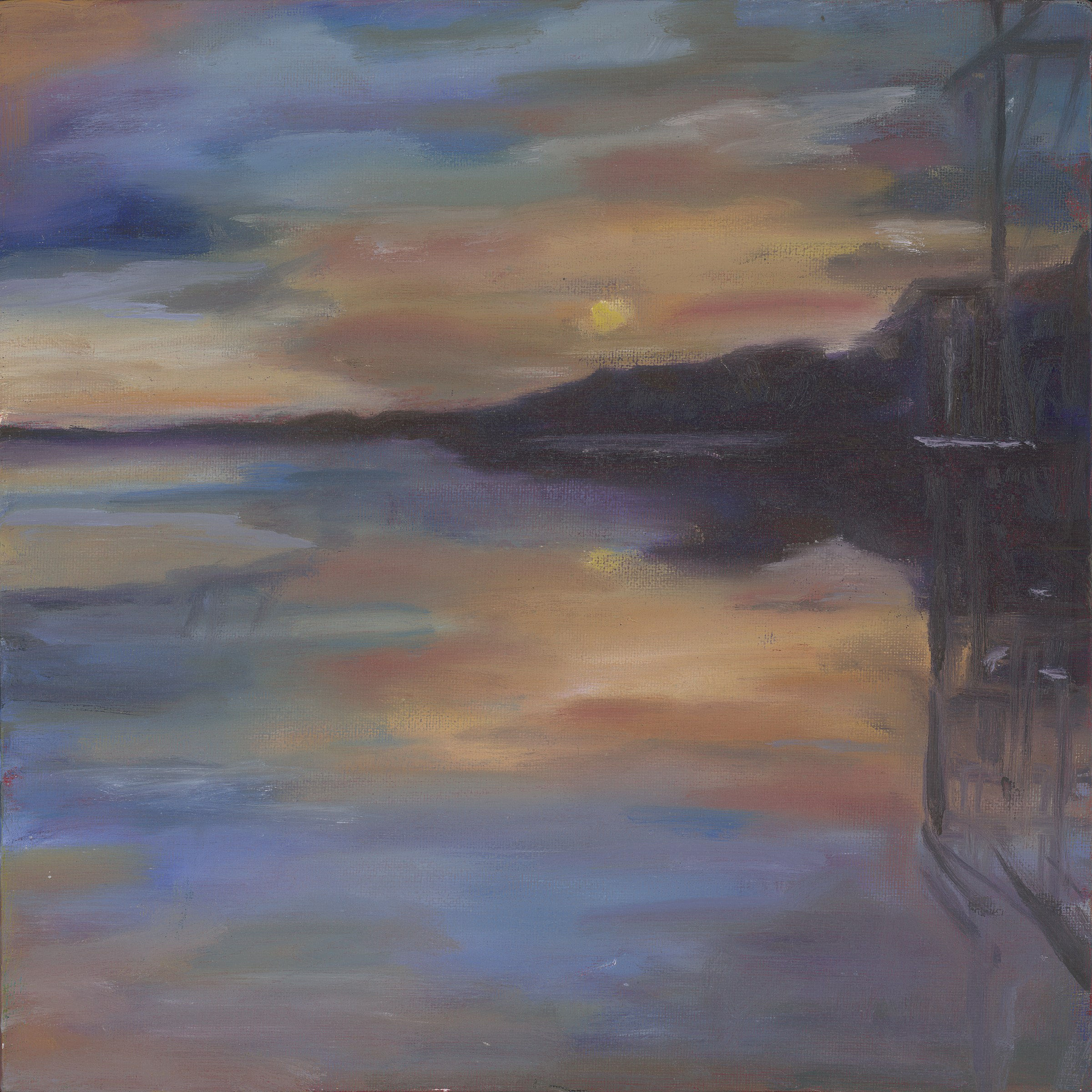 Late Lake Day original oil painting of a lake sunset with dock silhouette