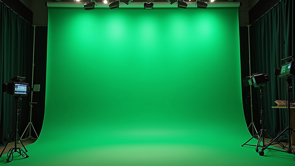 High angle view of film set with green screen and VFX equipment