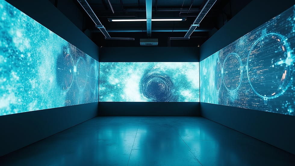Eye-level view of futuristic movie set with AI-powered VFX screens