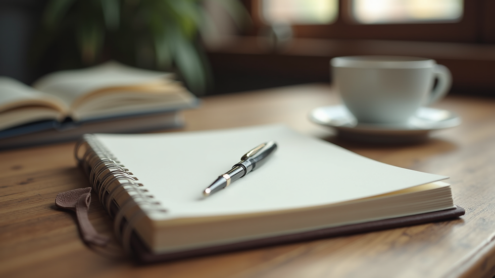 Close-up view of a journal and pen on a wooden table, symbolizing self-reflection and growth