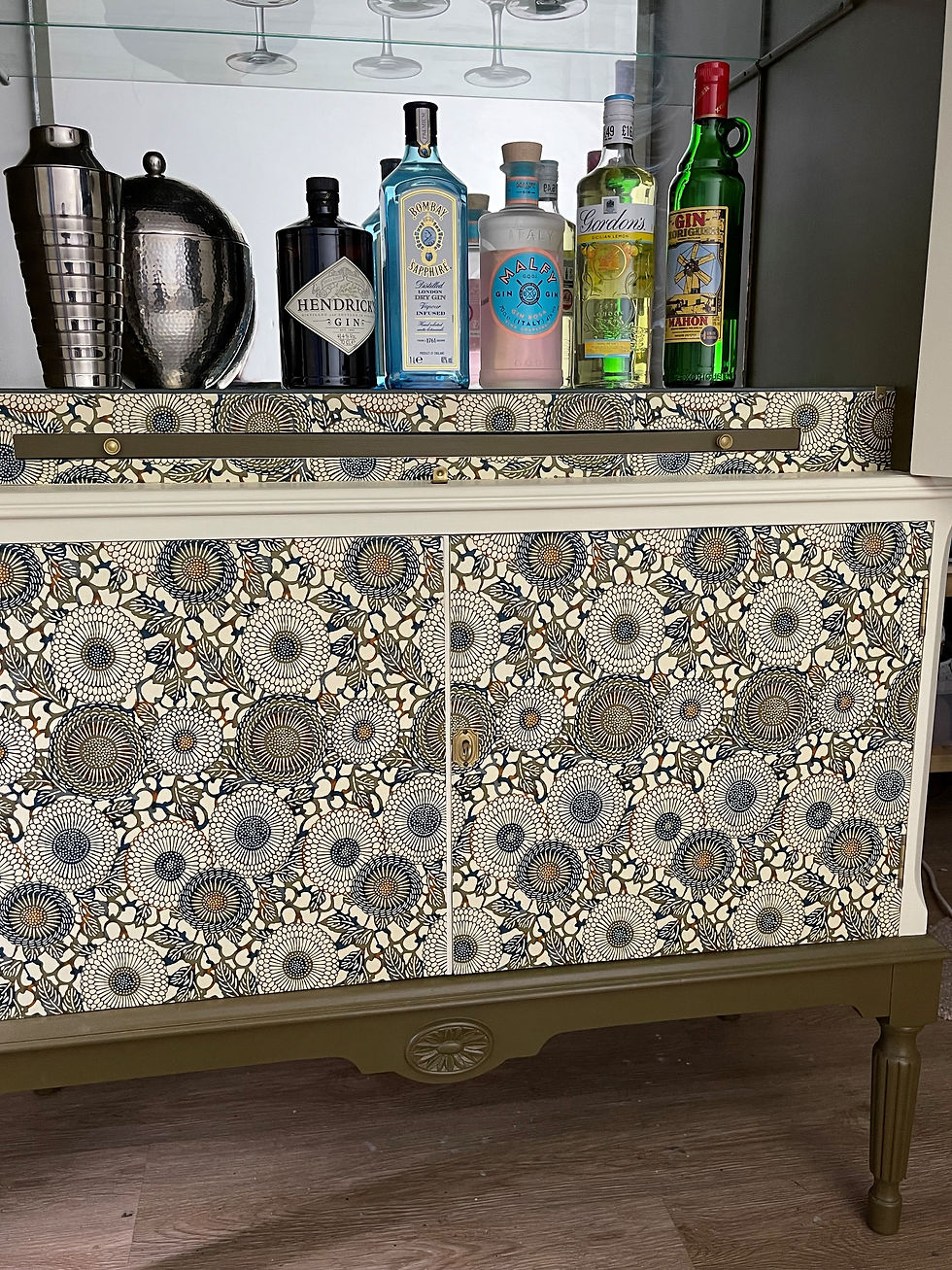 Thumbnail: Hand painted vintage cocktail cabinet in green and cream with floral patterned doors