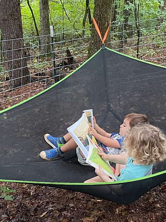 Two children read books in a hammock in the forest