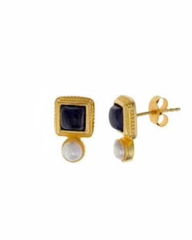 Brincos prata dourada 4.5g - sodalites e pérolas 15mm