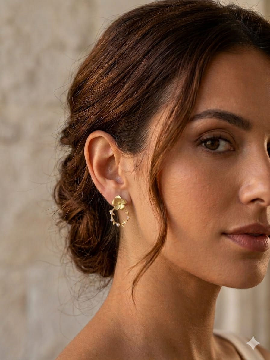 Miniatura: Brincos prata dourada 3.6g - flor grinalda de pérolas 35mm, vista na orelha