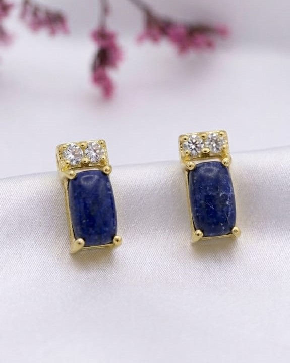 Miniatura: Brincos prata dourada 6g - sodalites e zircónias 10mm, vista em fundo cetim branco