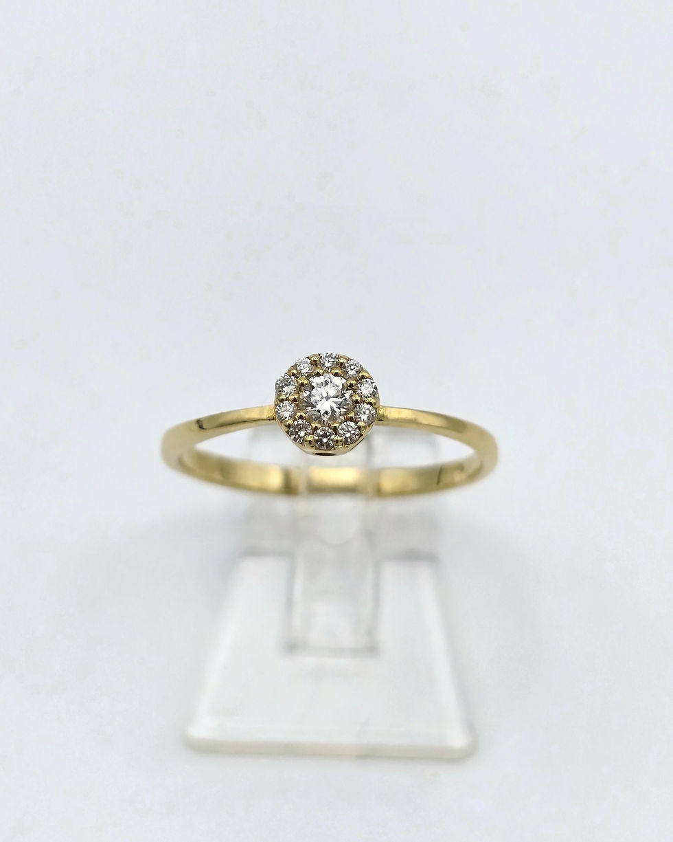 Anel ouro amarelo 19.2kt 1.6g - diamantes com halo, vista frontal