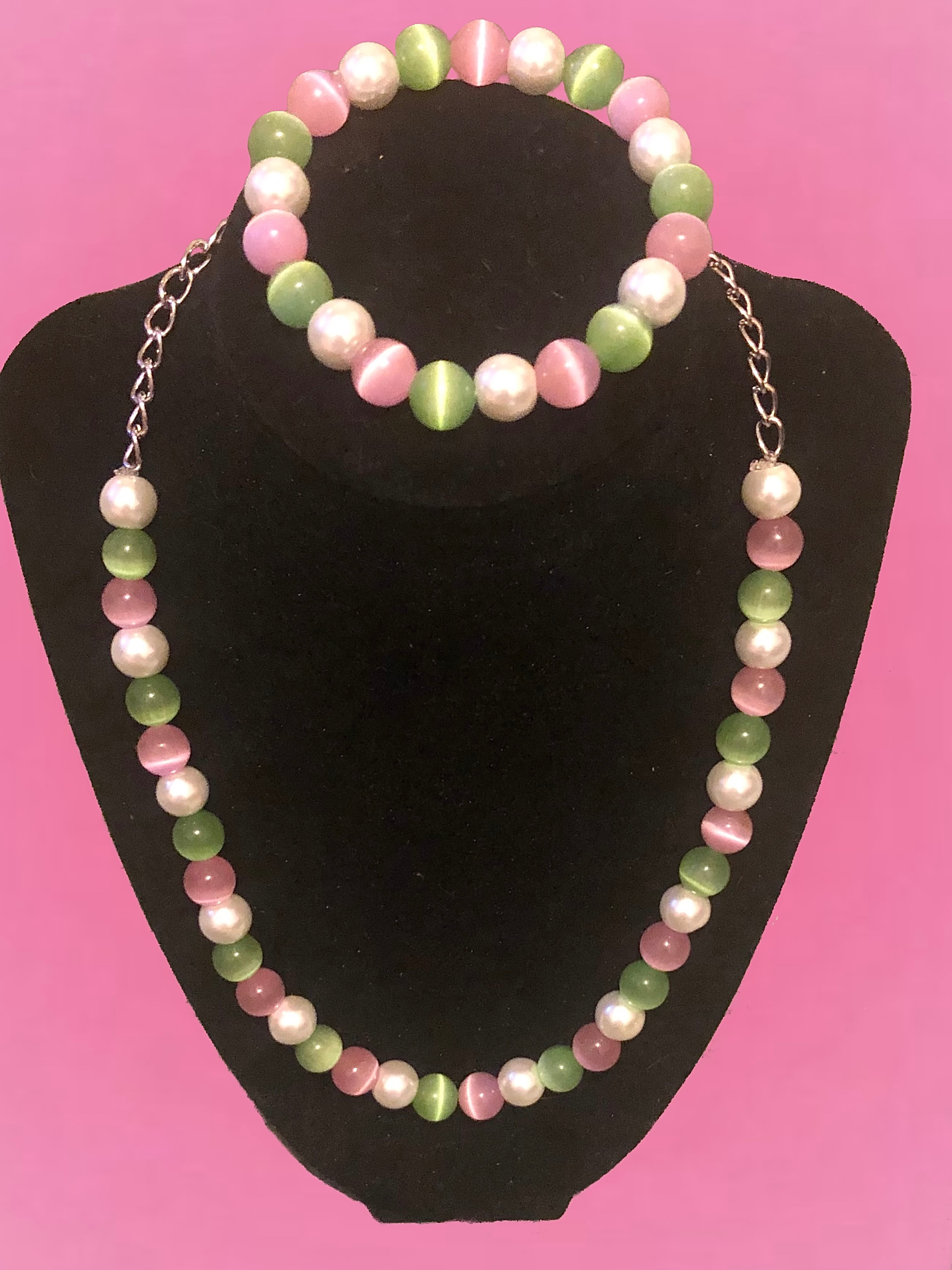 Pink, Green and White 3-Piece Jewelry Set
