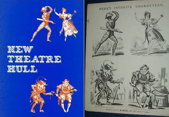 Blue theatre programe and a picture of line drawings of four characters in costume