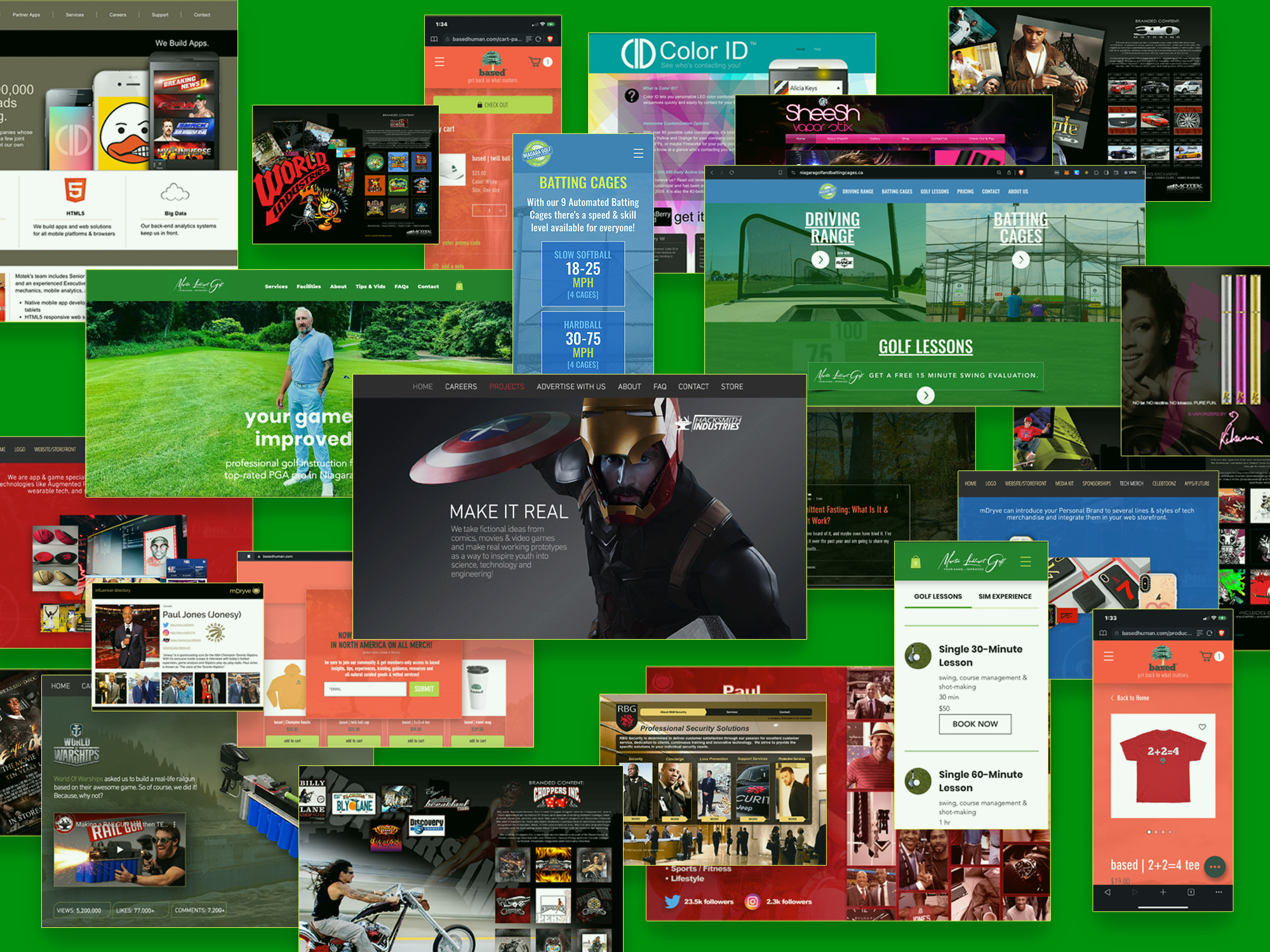 various examples of creative work by Based Human Creative - web site design, generative ai, social media content & video production