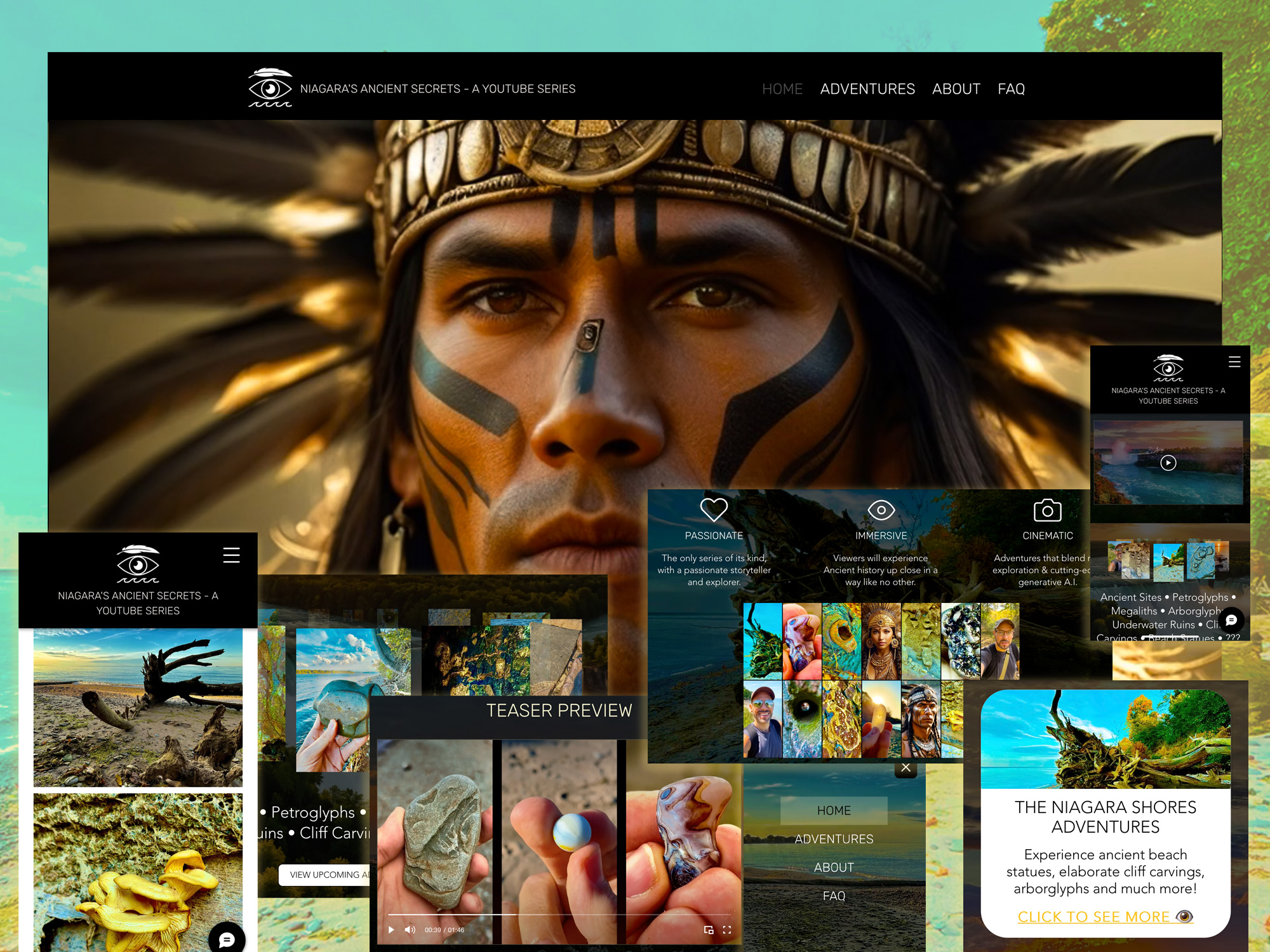 Niagara's Ancient Secrets web design by Based Human Creative featuring ai-generated native imagery and groundbreaking archaeological discoveries