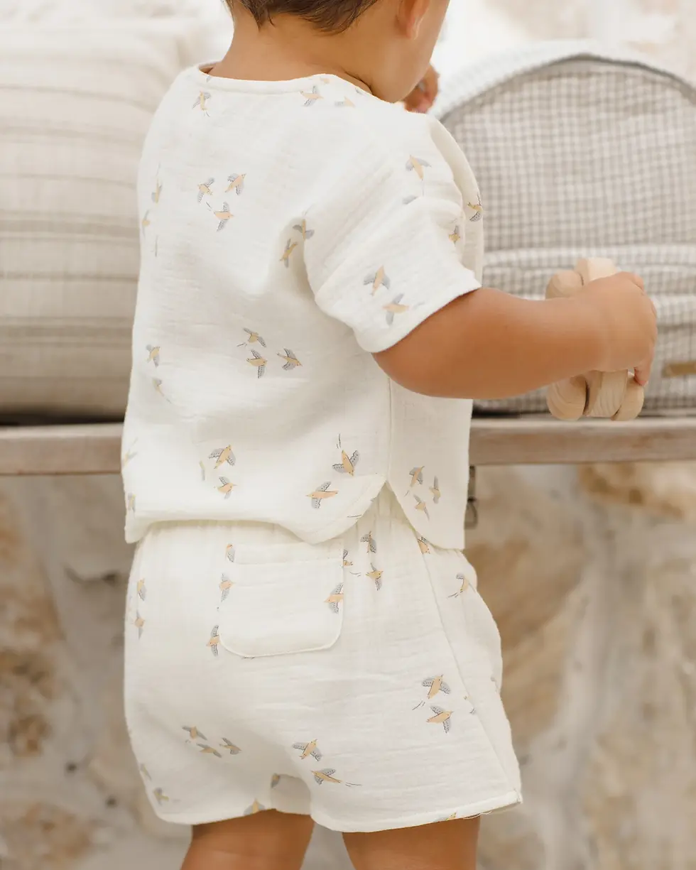 Thumbnail: Quincy Mae Woven Boxy Top + Short Set, Birds Mellow Singapore Baby Children Shop