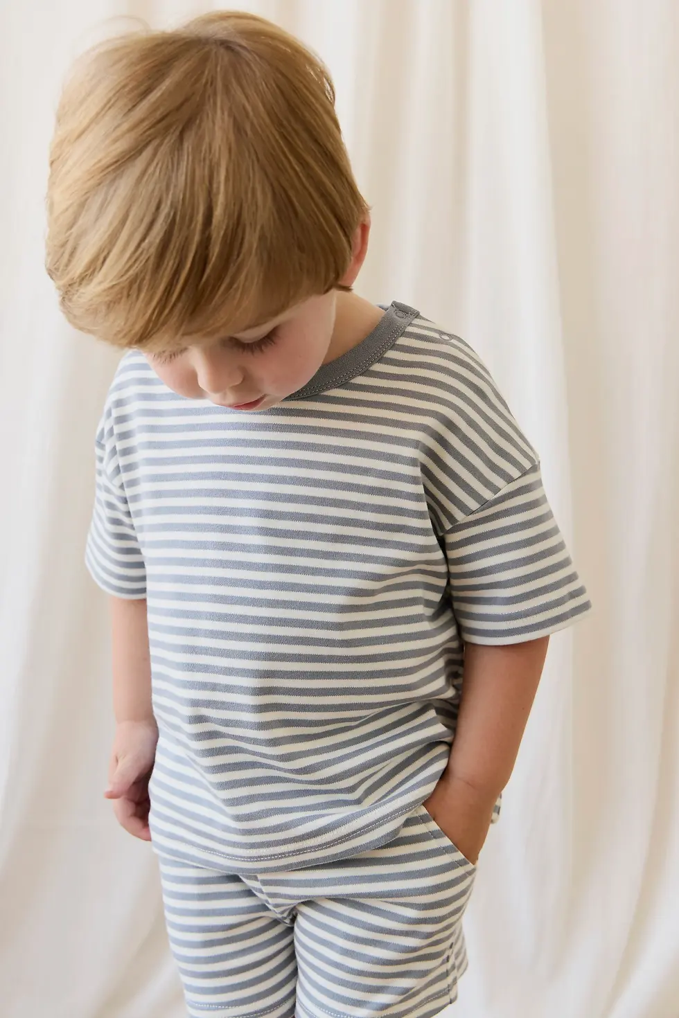 Thumbnail: Jamie Kay Pima Cotton Wesley Tee - Narrow Stripe Dawn/Cloud Mellow Baby Shop Clothes