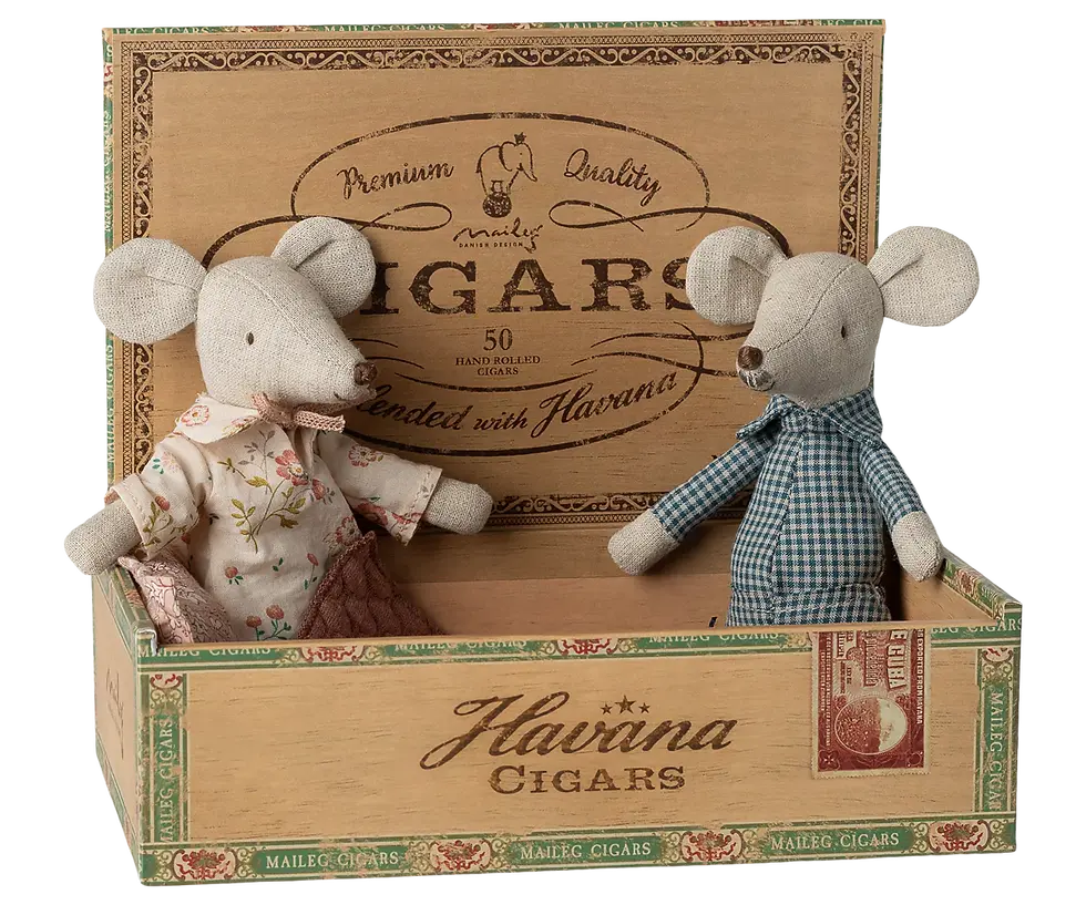 Thumbnail: Maileg Grandma and grandpa mice in cigarbox Mellow Singapore Children Shop