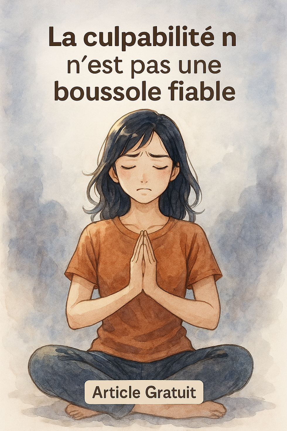 Illustration manga-aquarelle d’une femme asiatique méditant assise en tailleur, les mains en prière sur le cœur. Un halo de brume douce s’élève autour d’elle. Mention “Article Gratuit”.