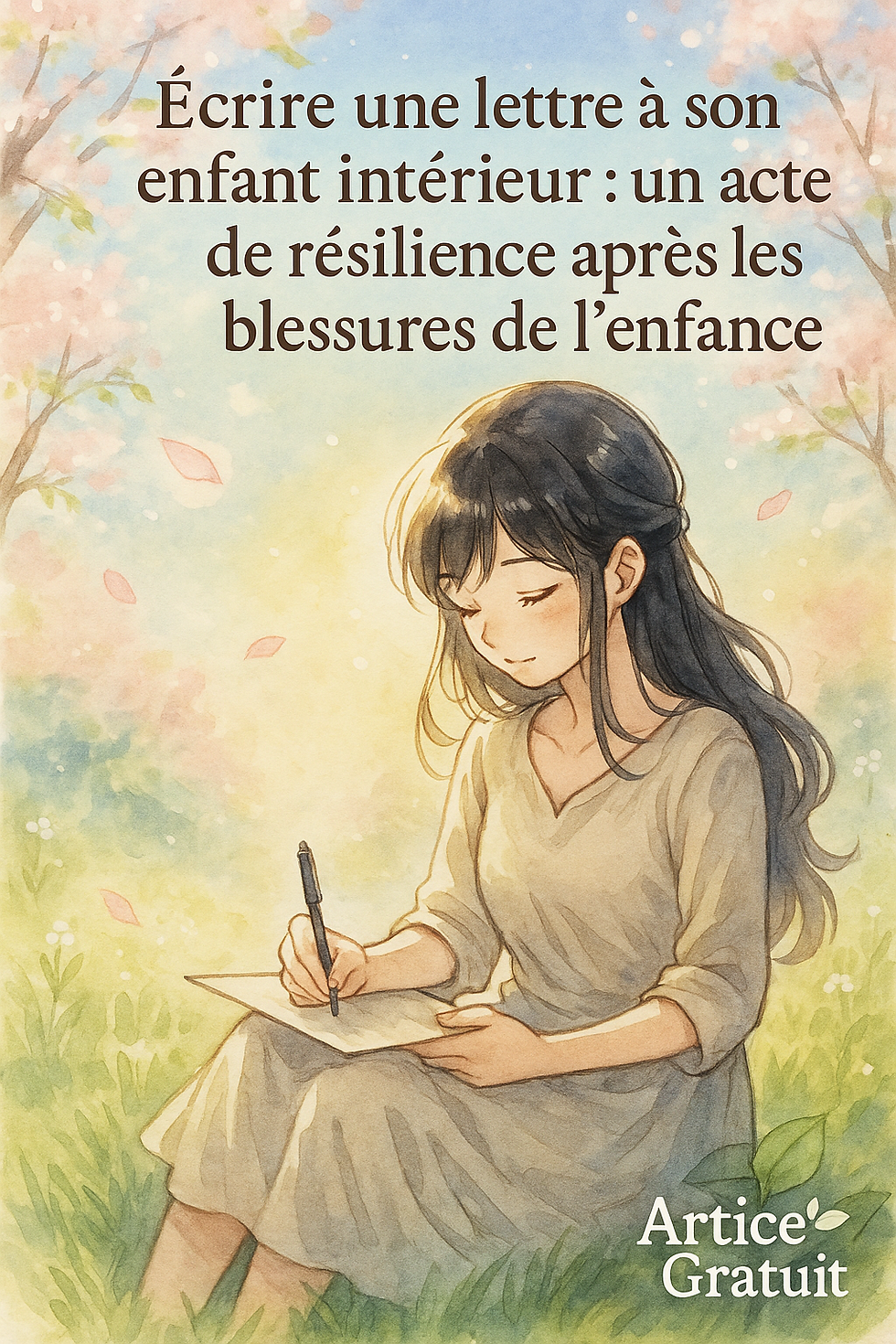 Femme assise en tailleur, écrivant dans un carnet, un halo de lumière douce autour d’elle. Style manga aquarelle pastel. Mention discrète "Article Gratuit" sur une plume ou une bougie posée à côté.