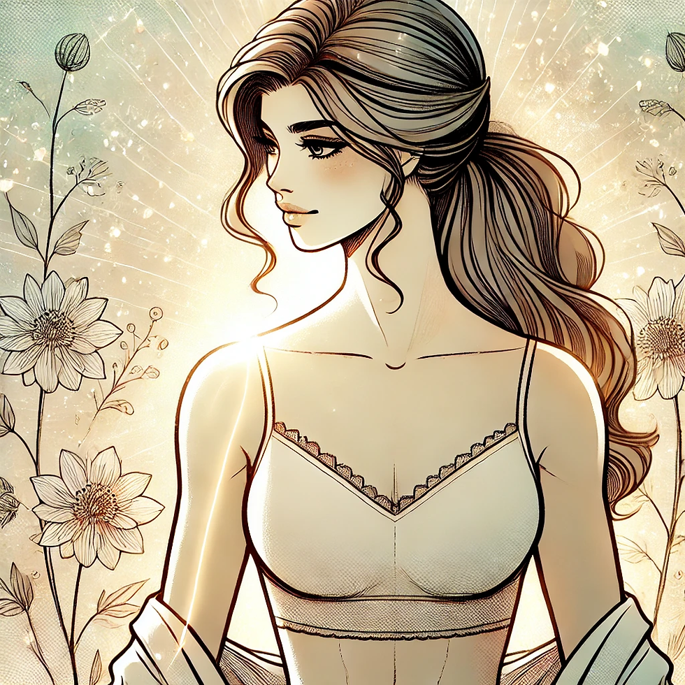 Illustration manga d’une femme sereine et forte, entourée d’une énergie lumineuse, symbolisant la guérison et la reconnexion avec son corps.