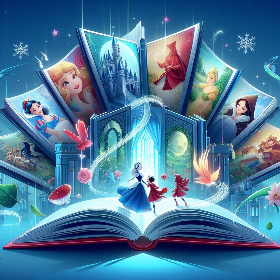 Une illustration style animé graphisme élégant et fluide, montrant une bibliothèque magique avec des livres de contes s'ouvrant pour révéler des scènes iconiques de contes, entourées de personnages célèbres comme Cendrillon, le Petit Chaperon Rouge et Blanche-Neige.