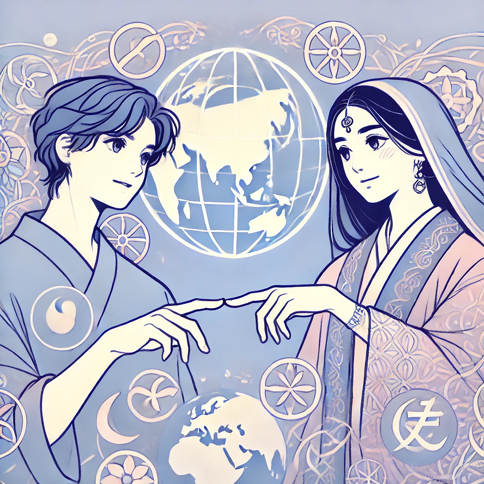 Une illustration manga élégante représentant deux figures de différentes cultures en interaction amicale, entourées de symboles multiculturels tels qu'un globe et des motifs culturels. Les couleurs pastel expriment l'unité et le respect mutuel.