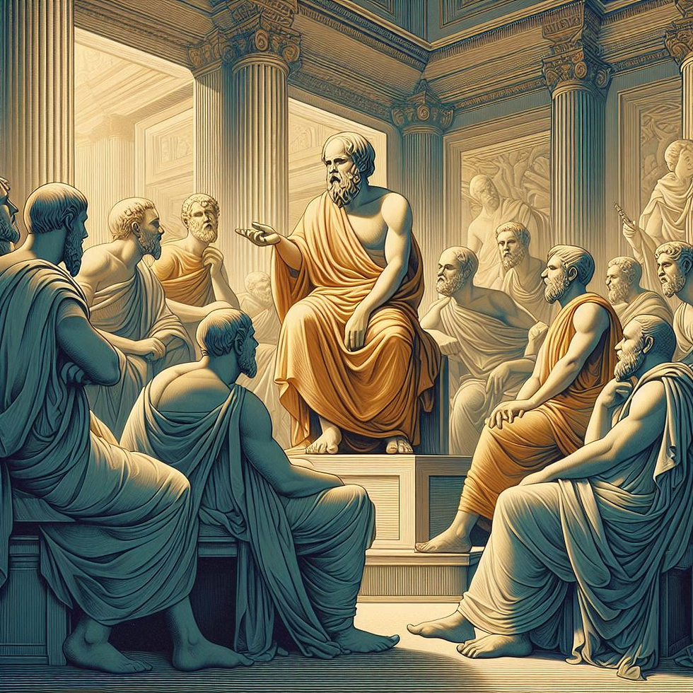 En style graphique élégant theme animé : Une illustration représentant Socrate en pleine discussion avec ses disciples dans un cadre athénien classique, symbolisant la méthode socratique du questionnement et de la réflexion.