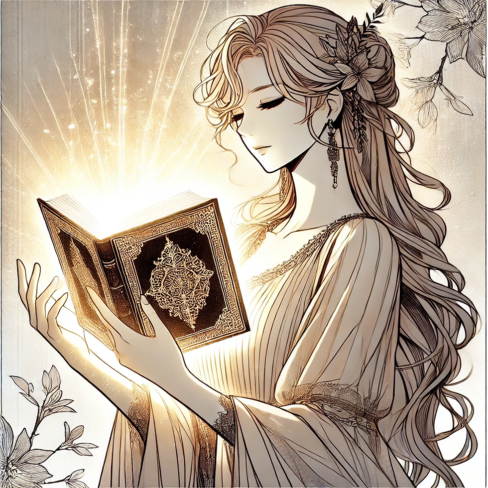 une femme puissante et sereine, tenant un livre lumineux, symbolisant la réécriture de son histoire et la transformation intérieure. 🌸📖