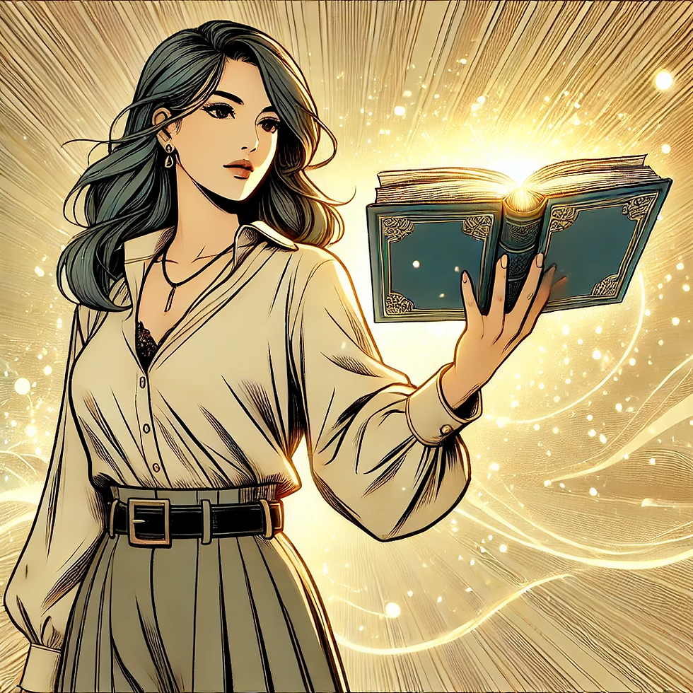 Illustration manga d’une femme forte et déterminée tenant un livre lumineux, symbolisant la réécriture de ses croyances et sa transformation intérieure.