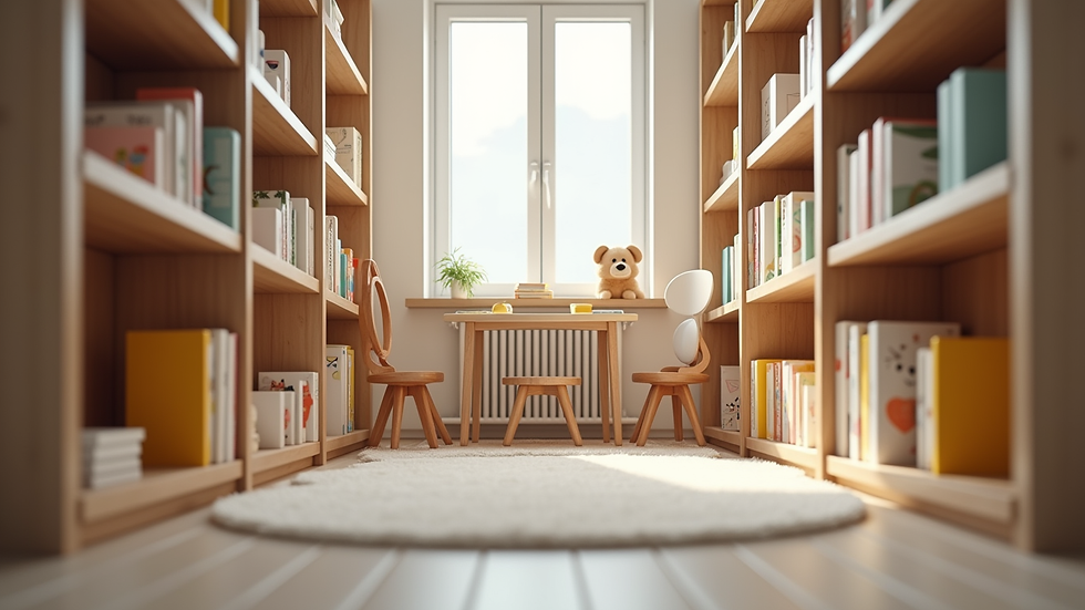 Vista a nivel de una habitación con juguetes y libros infantiles organizados