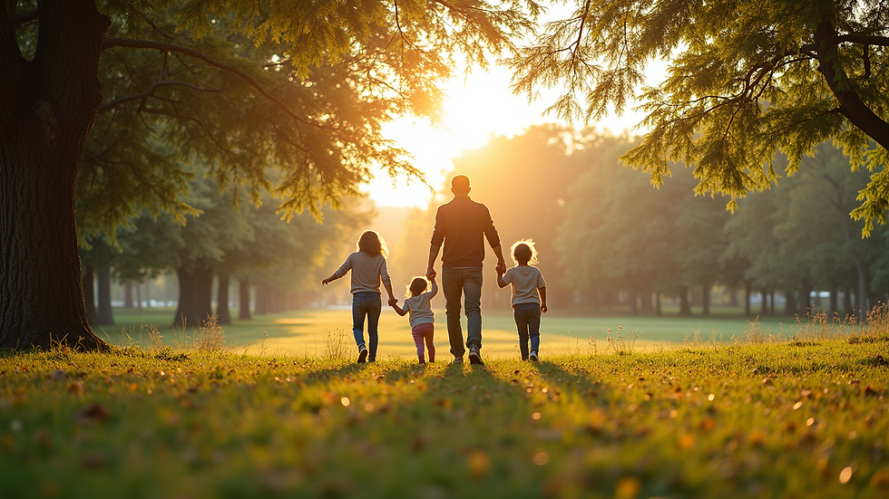 Vista panorámica de un parque con una familia caminando y disfrutando del aire libre