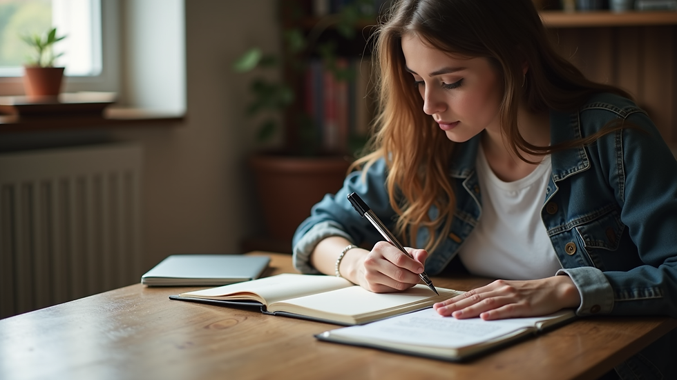 Plano medio de una mujer escribiendo en una libreta durante un taller