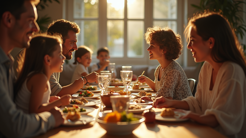 Vista a nivel de ojo de una familia compartiendo una comida en la mesa del comedor