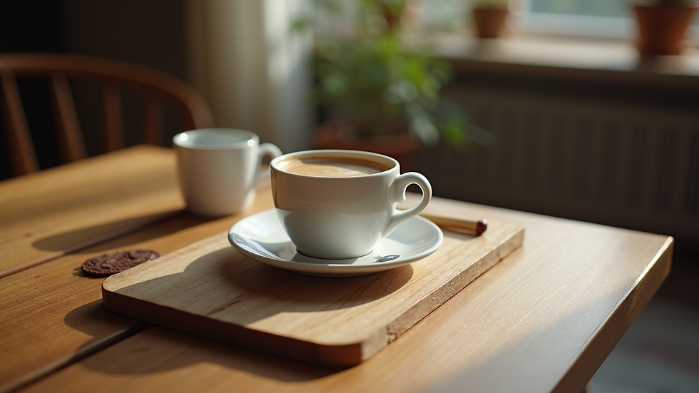 Plano detalle de una taza de café junto a un cuaderno y un lápiz sobre una mesa de madera