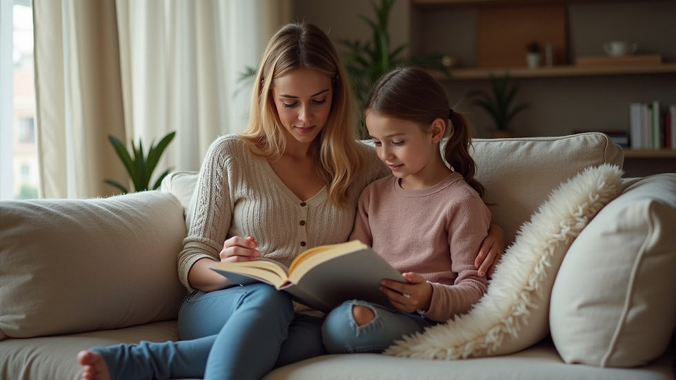 Plano medio de una madre y su hija compartiendo un momento de lectura en el sofá