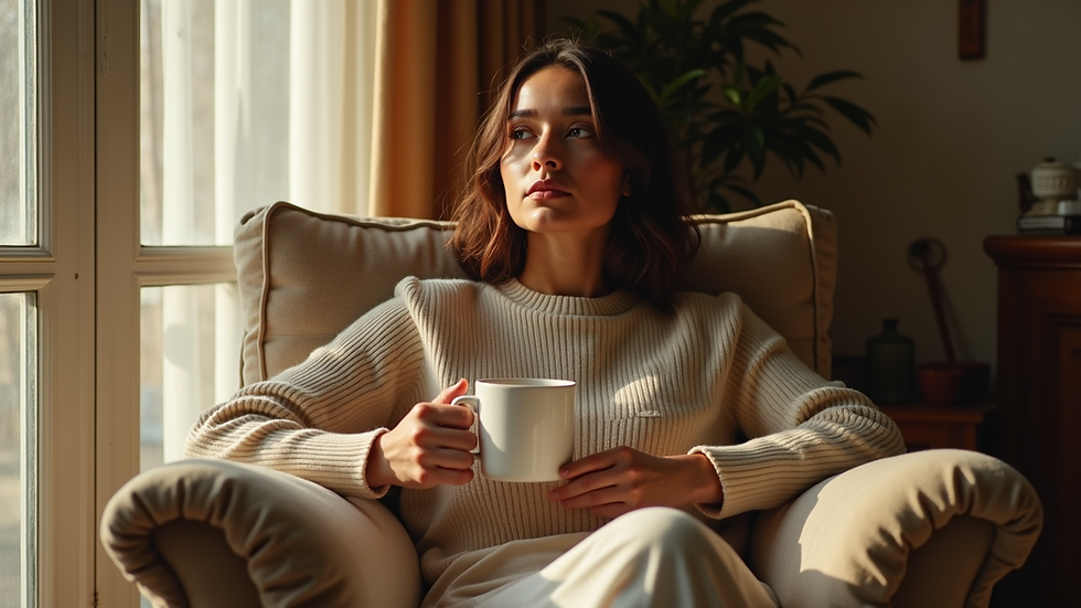 Vista a nivel de una mujer sentada en un sillón con una taza de té, en un ambiente hogareño y tranquilo