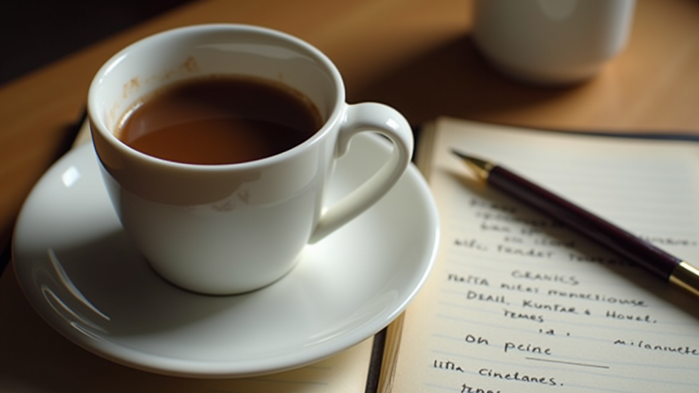 Plano detalle de una taza de café junto a un cuaderno con anotaciones y un lápiz