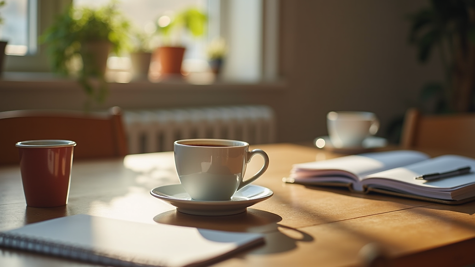 Vista a nivel de ojo de una mesa familiar con tazas de café y cuadernos organizadores