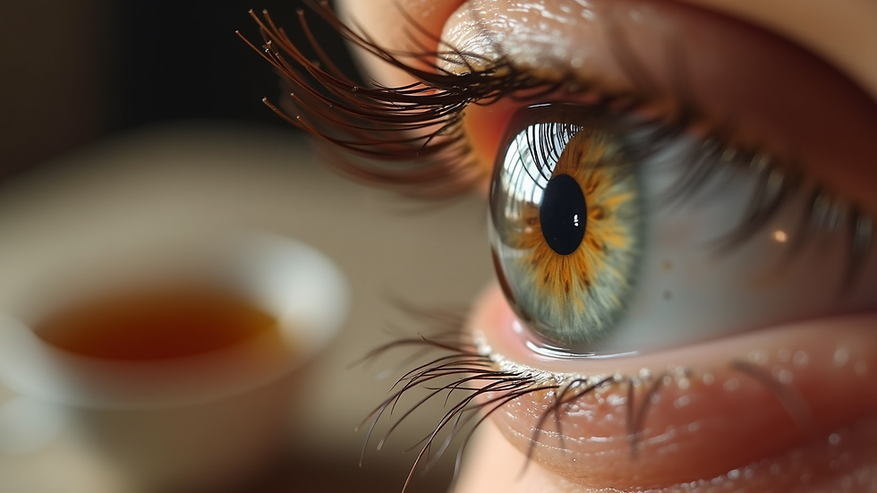 Vista a nivel de ojo de una taza de té y un cuaderno con notas de reflexión personal