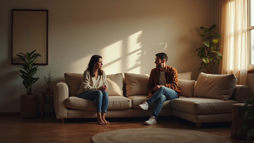 Plano medio de una familia sentada en círculo conversando en la sala de estar