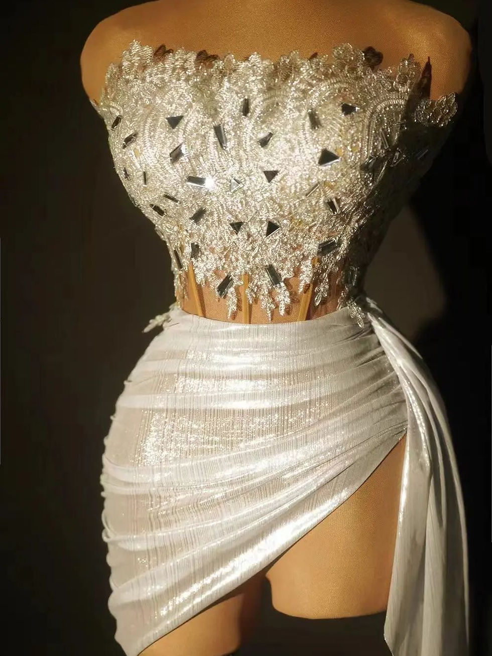 Women White Mirrors Celebrate Top Skirts Dress Birthday Party Strapless 2PCS Set