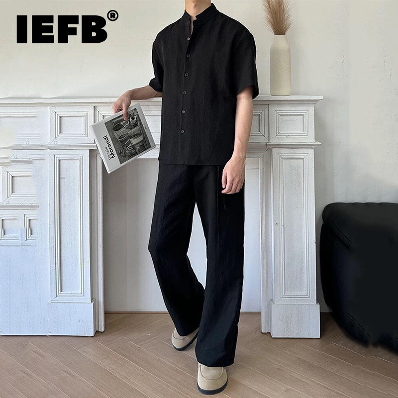 IEFB New Chinese Style Men's Set Stand Collar Short Sleeve Shirt Elastic Waist S
