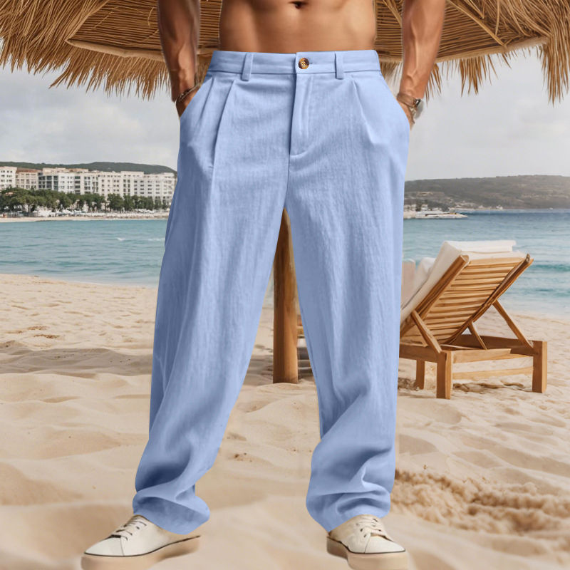 Sumi Lavi | Mens Blue Solid Linen Leisure Pants