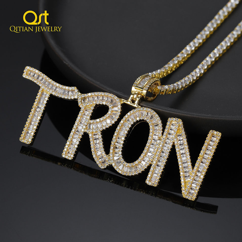 Qitian Custom Iced Cubic Zircon Baguette Letters Pendant Hip Hop Name Necklace J