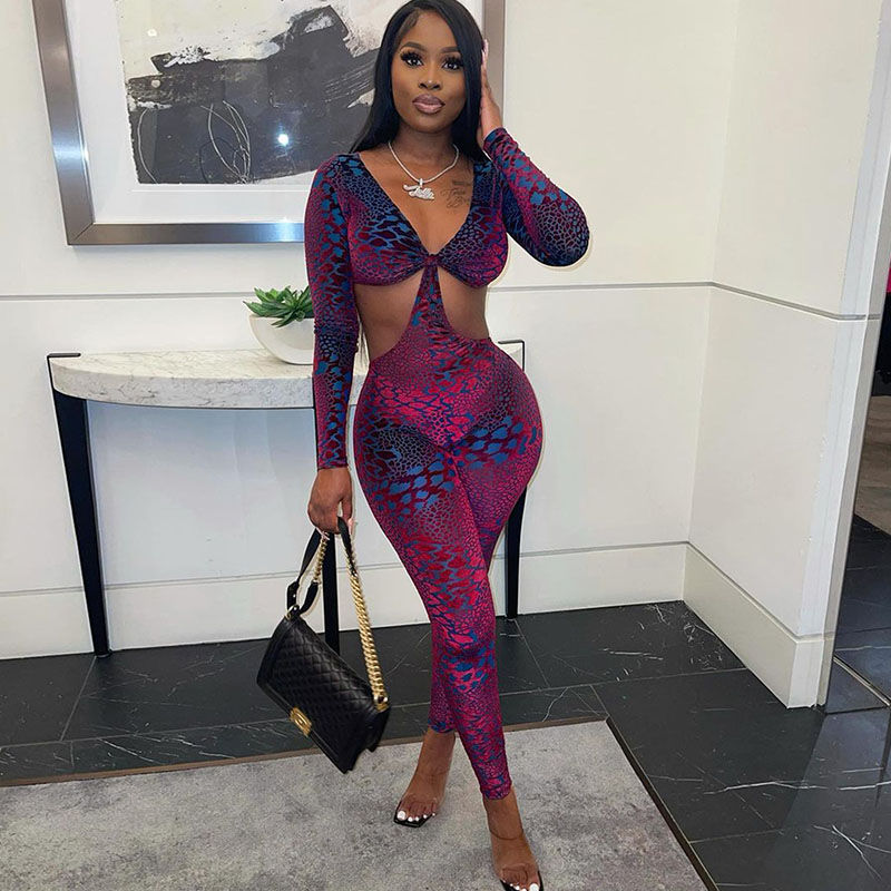 Sexy Snakeskin Women's Jumpsuit | Hollow-Out, Long Sleeve, Slim Fit Party Vibes