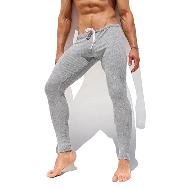 Sexy Stretch Slim Fit Knit Pants Mens Pajamas Autumn Casual Drawstring Solid Col